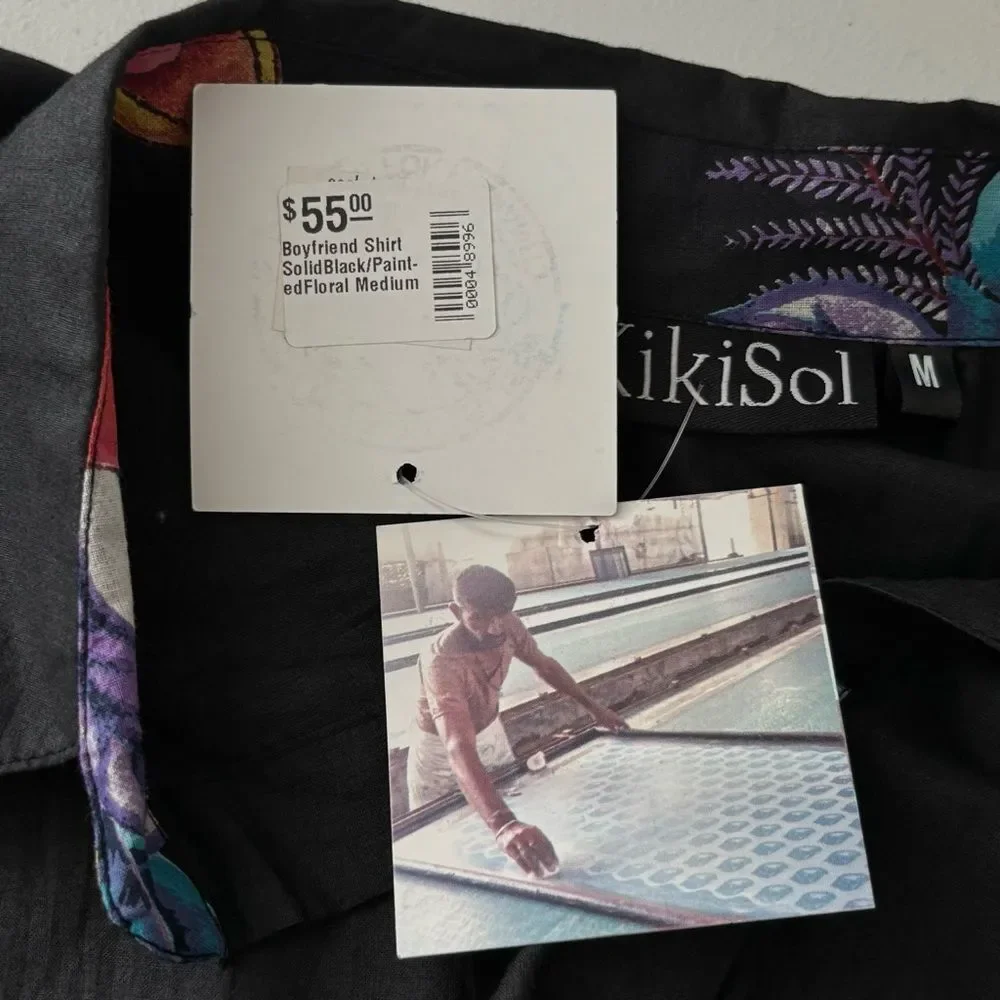 NWT KikiSol Womens M‎ Black Floral Cotton Shirt Button Down Boho Resort Vacation - Picture 10 of 15
